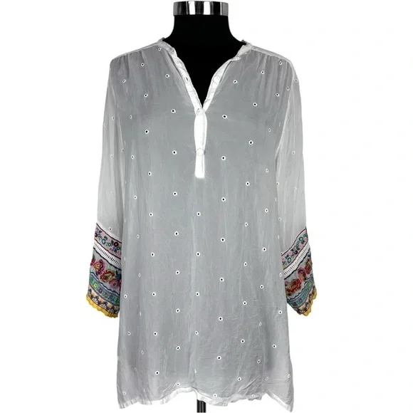 JOHNNY WAS EMBROIDERED EYELET BOHO PULLOVER TUNIC TOP - Picture 3 of 16